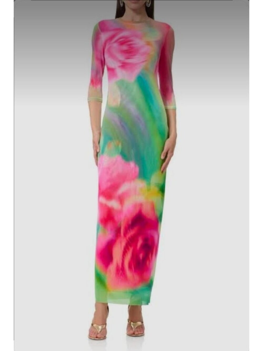 AFRM Kira Neon Floral Tie Dye Mesh Maxi Bodycon Dress Size M